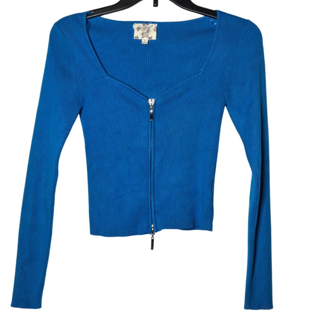 Hippie Rose Womens Blue Ribbed Full Zip Cropped Sweater Size Small Y2k Casual